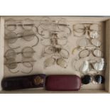 Five pairs of vintage spectacles, thirteen pairs of clip on spectacles and a cased W.Gregory pair of