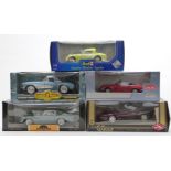 Five 1:18 scale diecast model vehicles comprising Revell Austin-Healey Sprite, Sun Star 1966 Lotus