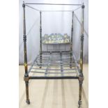 Victorian cast and sprung iron single four poster bed painted with fruit and flowers in the style of