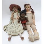 Three various dolls comprising one bisque headed with open mouth and fixed blue eyes, one with