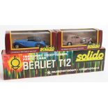 Three Solido diecast model vehicles Berliet T12 Port-Char and Age d'Or Delahaye 1148 and Delage