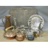 A large twin-handled Viners tray, plated salver, candlesticks including extending, copper jug,
