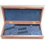 Mahogany fitted gun case with felt lined interior and two lidded compartments to suit a pair of