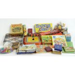 A collection of vintage toys and games including Mettoy Spinner Winner Horse Race, Victory ABC