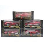 Five Burago 1:18 scale diecast model Ferrari sports cars F40 3032, 250 GTO 3011, Testarossa 3019,