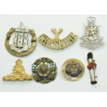 Six British Army badges for the Essex Regiment, Royal Sussex Regiment, Cheshire Yeomanry etc