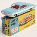 Corgi Toys diecast model Oldsmobile Super 88 with pale blue body, white racing stripe and red