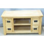 Contemporary light oak cabinet with four drawers and cubby holes, W110 x D50 x H60cm