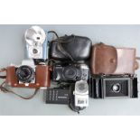 Cameras to include Praktica IV SLR, Penguin folding camera, Brownie Starflash and Sektronic