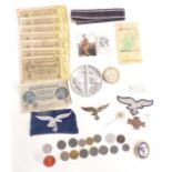 WW2 and earlier Nazi German coins, notes, insignia and badges, some replica items
