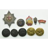 British Army Coldstream Guards cap badge, military buttons, silver ARP badge, etc