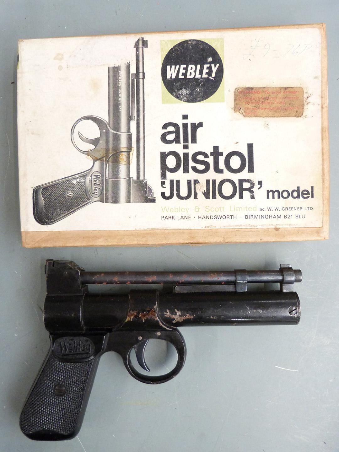 Webley Junior .177 air pistol with named and chequered grips, serial number 248, in original box.