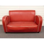 Art Deco/retro red faux leather sofa and footstool with cream piping detail, W141 x D85 x H78cm