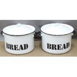 A pair of twin handled lidded enamel bread bins, diameter 32 x H26cm