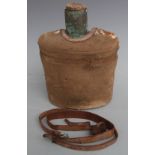 WW1 British Army Royal Medical Corps cloth-covered water bottle with cork stopper and leather