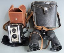 Kodak Duaflex camera in canvas pouch and a pair of binoculars