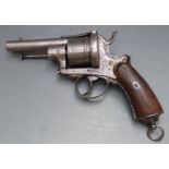 11mm six-shot double action pinfire revolver with engraved frame and cylinder, chequered grips, belt