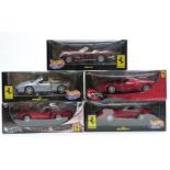 Five Mattel Hot Wheels 1:18 scale diecast model Ferrari sports cars comprising 250 GT, Enzo, F355