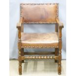 A leather upholstered oak armchair, H87cm