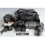 Olympus OM10 SLR camera body with auto winder, Sony CCD-TRV15E video camera and a Zenit-E with