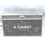 Military style twin handled metal storage trunk stamped A. Grant, 56 x 35 x 31cm.