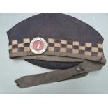 British Army Lovat's Scouts Regimental diced bonnet, dark navy with long ribbon tails and badge,