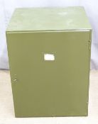 A metal lockable industrial/haberdashery cabinet with an arrangement of 24 drawers, W 57 x D 52 x
