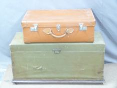 A 19thC upholstered ottoman and some vintage luggage, largest W102 x D38 x H50