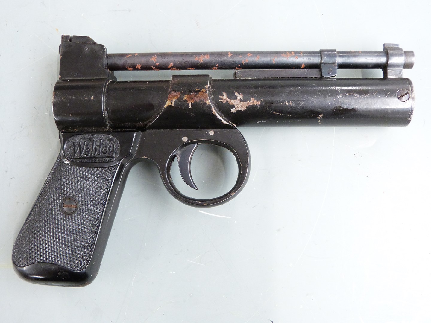 Webley Junior .177 air pistol with named and chequered grips, serial number 248, in original box. - Image 2 of 5