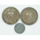 Two 1938 George VI Australian crowns together with a 1905 Canadian 25 cent coin