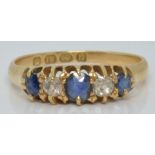 Victorian 18ct gold ring set with sapphires and diamonds, Birmingham 1888, 2.7g, size O