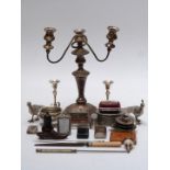 Silver plated and collectable items to include candlestick, peacock and carved wooden shoe
