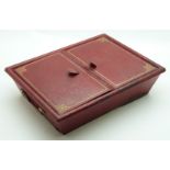 A late 19th/20thC sewing / needlework red Morocco leather workbox with fitted interior and