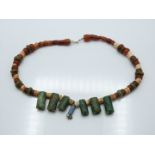 Ancient pre-Columbian Tairona carnelian agate and jasper stone beaded necklace