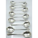 George V set of eight hallmarked silver Hanovarian rat tail pattern soup spoons, Sheffield 1922,