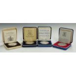 Four cased commemorative silver proof crowns comprising Royal Mint 1977 Silver Jubilee, 1980 Queen