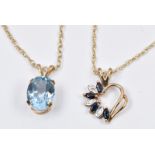 Two 9ct gold pendants, one set with an aquamarine and a pendant set with sapphires and diamonds, 2.
