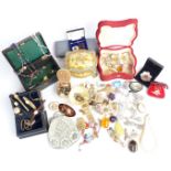A collection of jewellery including vintage brooches, cameos, necklaces, silver ring, filigree