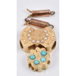 Two 14k gold charms one set with seed pearls and another turquoise (2.5g) and two 9ct gold clasps (