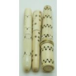 Three 19thC turned ivory Indian Madras ware needle cases, longest 8.5cm
