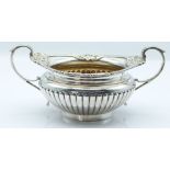 Victorian hallmarked silver twin handled sugar bowl with reeded lower body, London 1893 maker Walter