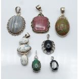 Seven silver pendants set with chrysocolla & zircon, pietersite & topaz, black spinel, two agate,