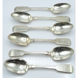 Harlequin set of six Victorian Irish hallmarked silver fiddle pattern dessert spoons, Dublin 1848,