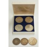 Seven coins comprising cased set of four 1972 Munich Olympic 10 mark silver coins, a 1237-1987