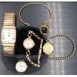 Five various ladies and gentleman's wristwatches comprising three 9ct gold ladies examples, one on