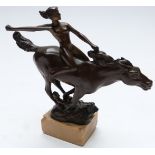 Nude bronze figurine wielding a sword on horseback, on marble plinth, height 13cm