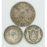 1830 George III half crown, 1836 William III half crown and a Maria Theresia
