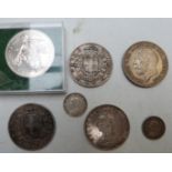 Silver coins to include Queen Victoria double florin and two sixpences, two Vittorio Emanuele II 5L,