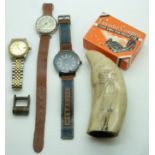 Collectable including replica scrimshaw, watches, pedometer, alphabet lock and a marching compass