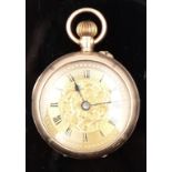 Swiss 9ct gold keyless winding open faced pocket watch with blued hands, black Roman numerals,